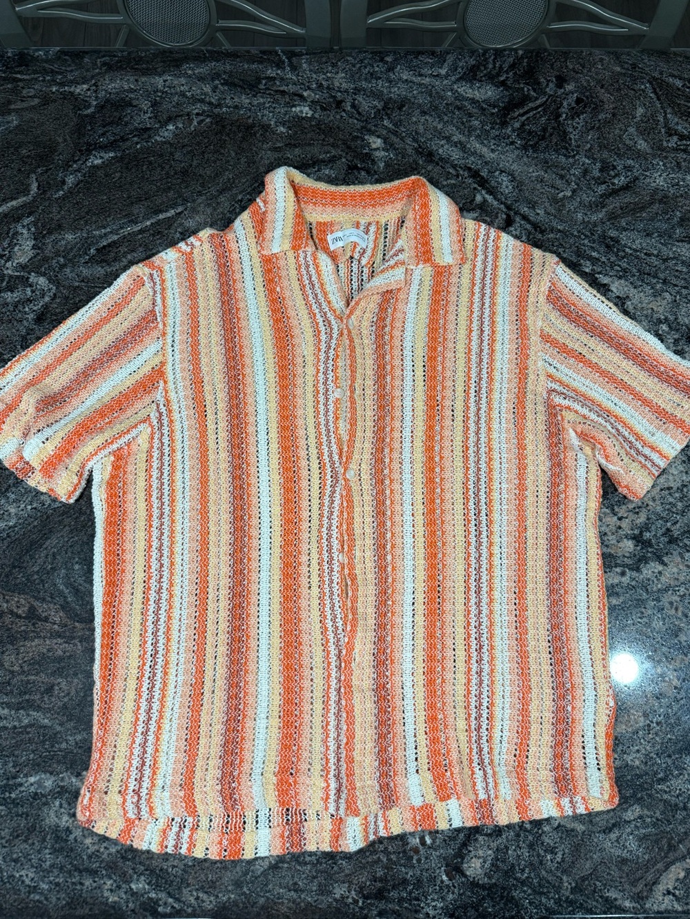 Zara Lightweight Striped Knit Short-Sleeve Shirt - Orange/White